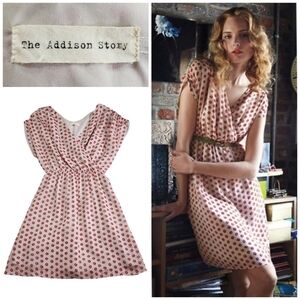 Anthropologie The Addison Story 100% Silk Cream & Red Dot Dress Sz Small